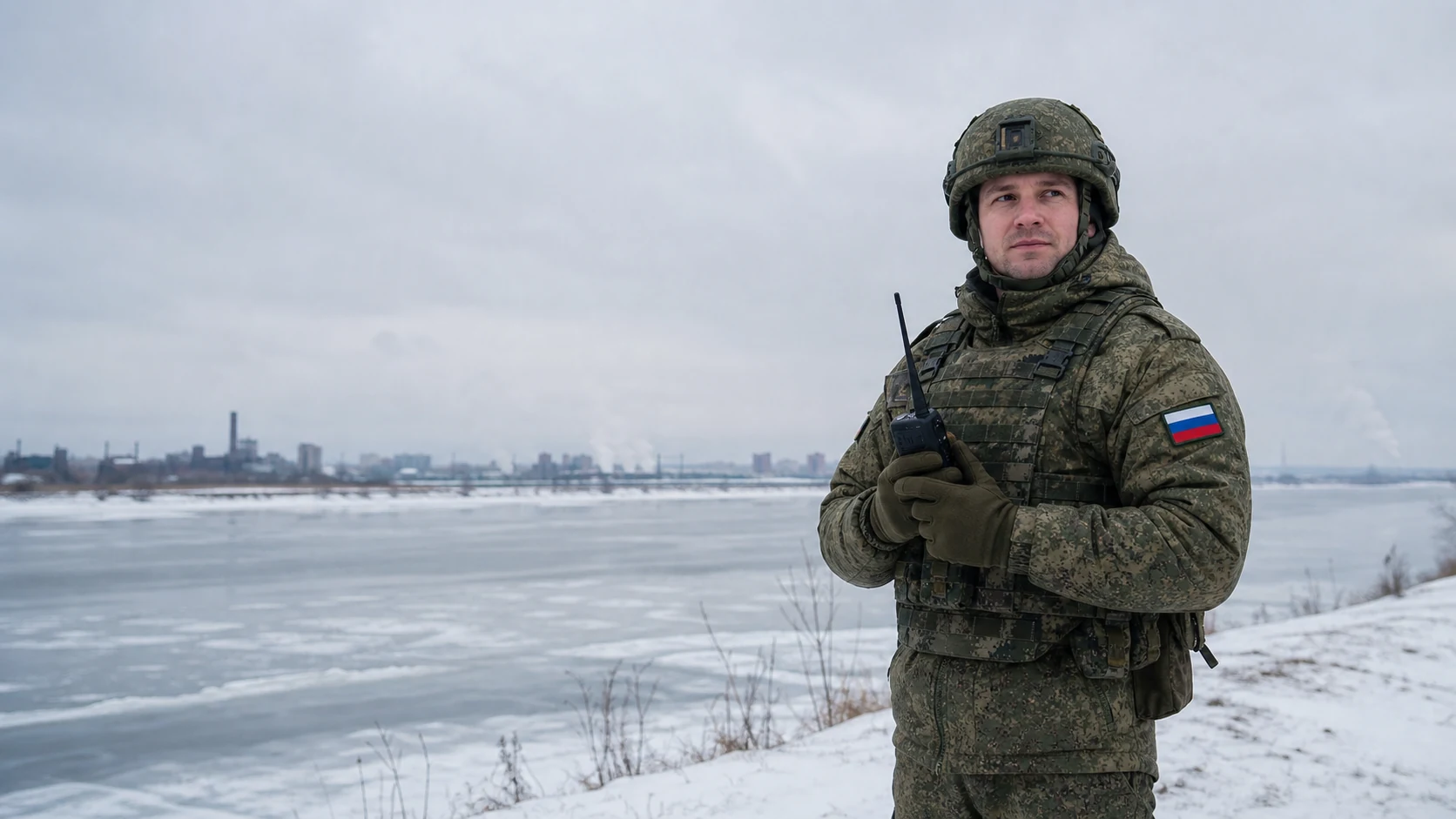 Военнослужащий с рацией на зимнем берегу Иртыша